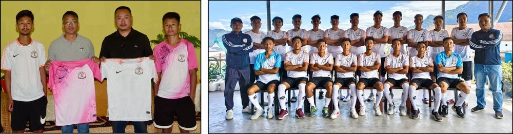 (Left) Rev H Sangkap Pastor, TTBL and Yangdipi Sangtam, President, TDFA unveiling the jersey of Tuensang District during the dedication ceremony.  (Right) Players of Tuensang District along with Team Coach and Team Manager. (Morung Photos)